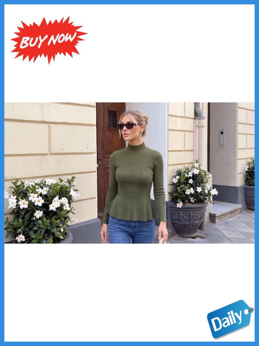 Women's Long Sleeve Peplum Sweater Ribbed Knit Ruffle Hem Pullover - Picture 6 of 6